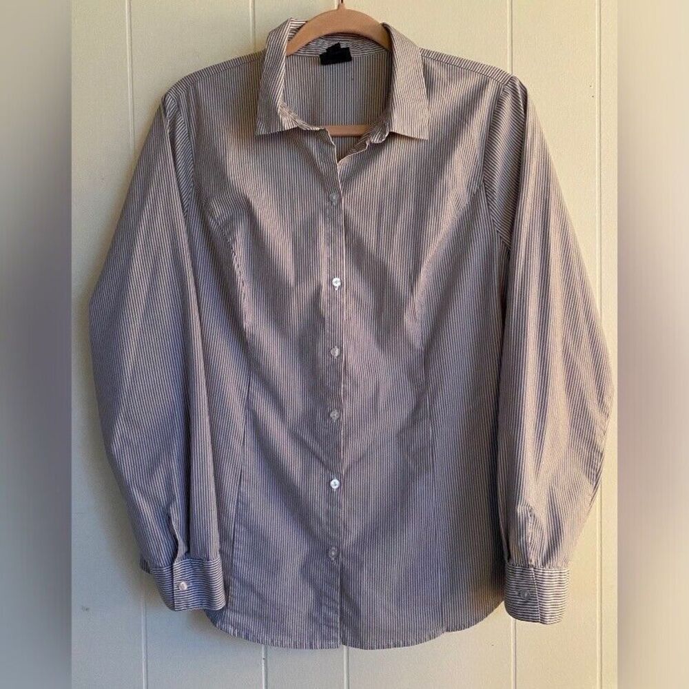 Worthington Blouse Women’s 16 Blue White Stripes Cotton Blend Stretch Preppy
